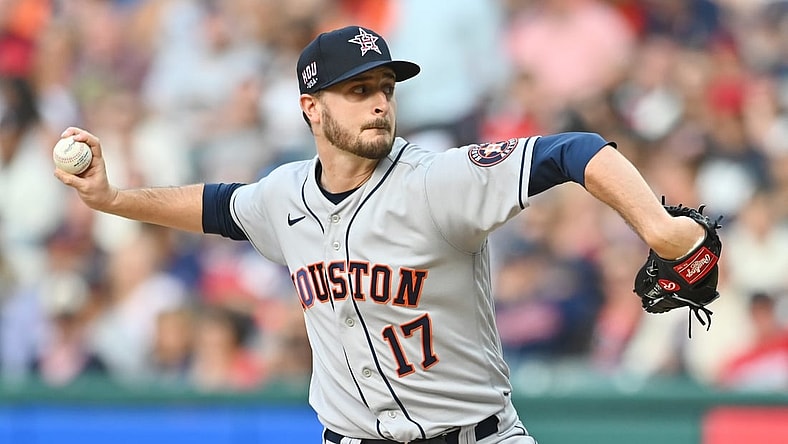 Jul 3, 2021; Cleveland, Ohio, USA; Houston Astros starting pitcher Jake Odorizzi (17) throws a pitch against the Cleveland Indians during the first inning at Progressive Field. Mandatory Credit: Ken Blaze-USA TODAY Sports