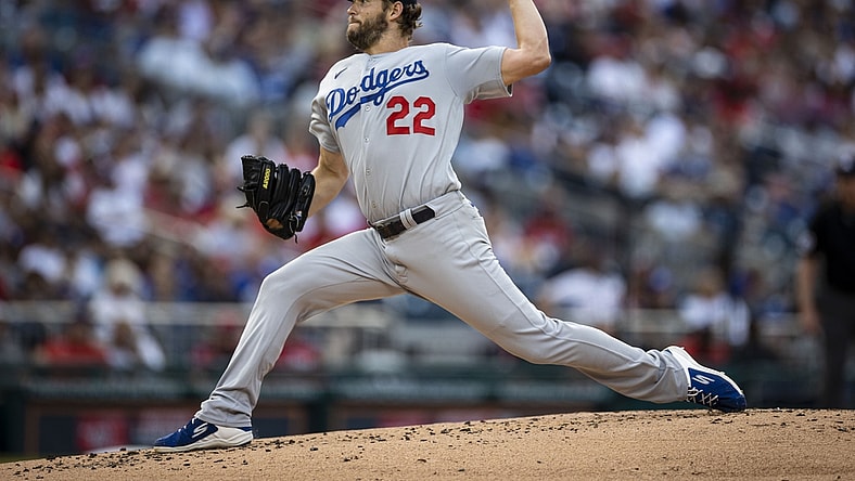 Jul 3, 2021; Washington, District of Columbia, USA; Los Angeles Dodgers starting pitcher Clayton Kershaw (22) throws a pitch against the Washington Nationals during the first inning at Nationals Park. Mandatory Credit: Scott Taetsch-USA TODAY Sports