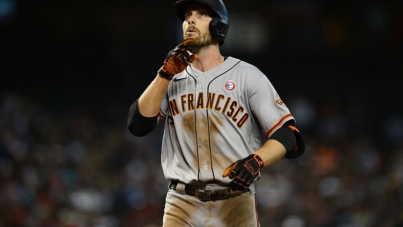 Jul 4, 2021; Phoenix, Arizona, USA; San Francisco Giants center fielder Austin Slater (13) approaches home plate after hitting a solo home run against the Arizona Diamondbacks during the third inning at Chase Field. Mandatory Credit: Joe Camporeale-USA TODAY Sports