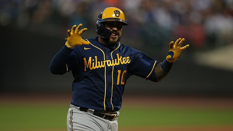Jul 5, 2021; New York City, New York, USA; Milwaukee Brewers catcher Omar Narvaez (10) gestures as he rounds the bases after hitting a solo home run against the New York Mets during the fourth inning at Citi Field. Mandatory Credit: Brad Penner-USA TODAY Sports