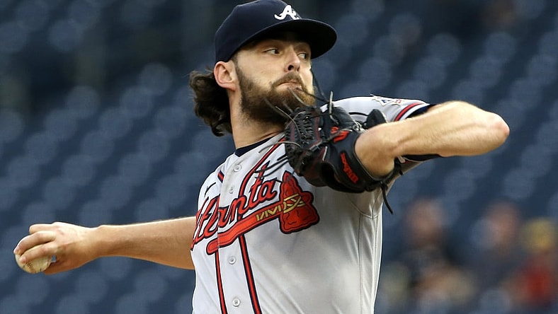 Jul 6, 2021; Pittsburgh, Pennsylvania, USA;  Atlanta Braves starting pitcher Ian Anderson (36) delivers a pitch against the Pittsburgh Pirates during the first inning at PNC Park. Mandatory Credit: Charles LeClaire-USA TODAY Sports