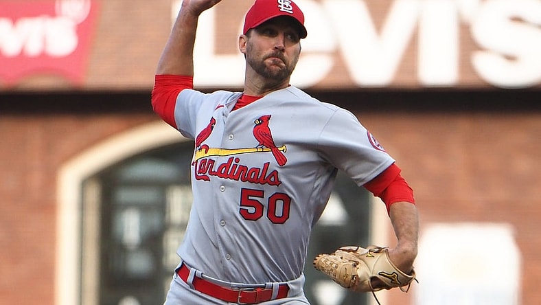 Jul 6, 2021; San Francisco, California, USA; St. Louis Cardinals starting pitcher Adam Wainwright (50) pitches the ball against the San Francisco Giants during the second inning at Oracle Park. Mandatory Credit: Kelley L Cox-USA TODAY Sports