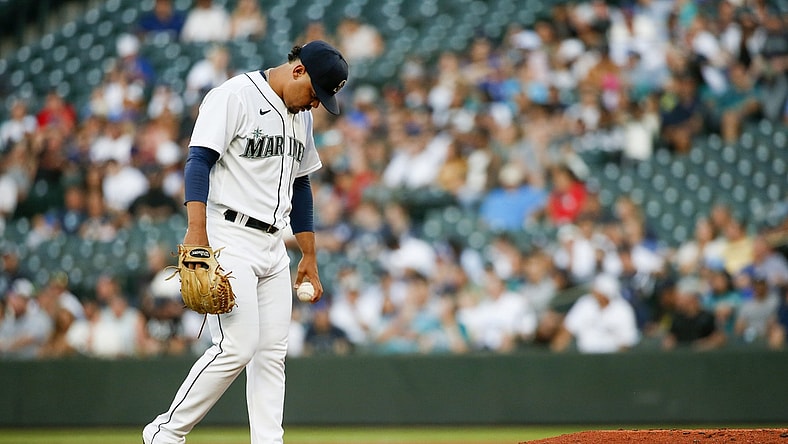 Jul 6, 2021; Seattle, Washington, USA; Seattle Mariners starting pitcher Justus Sheffield (33) walks around the mound after surrendering a run against the New York Yankees during the second inning at T-Mobile Park. Mandatory Credit: Joe Nicholson-USA TODAY Sports