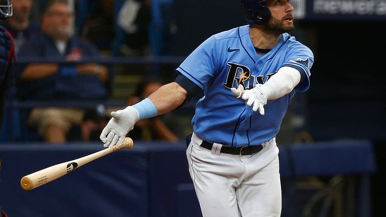 Jul 7, 2021; St. Petersburg, Florida, USA; Tampa Bay Rays center fielder Kevin Kiermaier (39) hits a three-run home run in the third inning against the Cleveland Indians at Tropicana Field. Mandatory Credit: Nathan Ray Seebeck-USA TODAY Sports