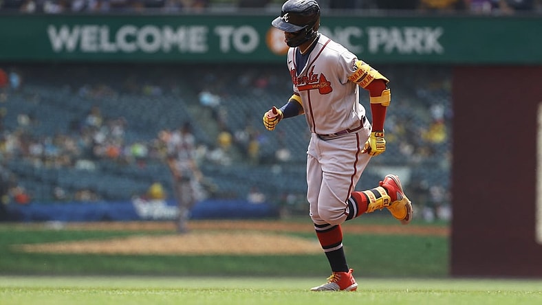 Jul 7, 2021; Pittsburgh, Pennsylvania, USA; Atlanta Braves right fielder Ronald Acuna Jr. (13) rounds the bases after hitting a solo home run against the Pittsburgh Pirates during the third inning at PNC Park. Mandatory Credit: Charles LeClaire-USA TODAY Sports