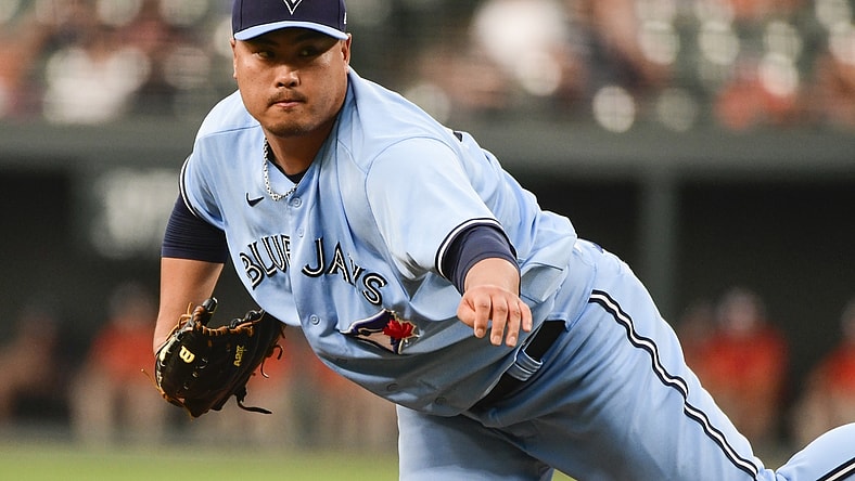 Jul 7, 2021; Baltimore, Maryland, USA;  Toronto Blue Jays starting pitcher Hyun Jin Ryu (99) throws a second inning pitch against the Baltimore Orioles at Oriole Park at Camden Yards. Mandatory Credit: Tommy Gilligan-USA TODAY Sports