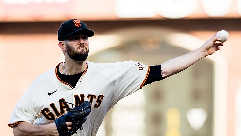 Jul 7, 2021; San Francisco, California, USA;  San Francisco Giants starting pitcher Alex Wood (57) throws against the St. Louis Cardinals in the first inning at Oracle Park. Mandatory Credit: John Hefti-USA TODAY Sports