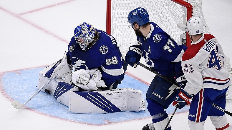 Jul 7, 2021; Tampa, Florida, USA; Tampa Bay Lightning goaltender Andrei Vasilevskiy (88) makes a save against the Montreal Canadiens during the second period in game five of the 2021 Stanley Cup Final at Amalie Arena. Mandatory Credit: Douglas DeFelice-USA TODAY Sports