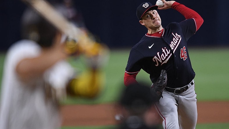 Jul 7, 2021; San Diego, California, USA; Washington Nationals starting pitcher Patrick Corbin (46) throws a pitch to a San Diego Padres batter during the fourth inning at Petco Park. Mandatory Credit: Orlando Ramirez-USA TODAY Sports