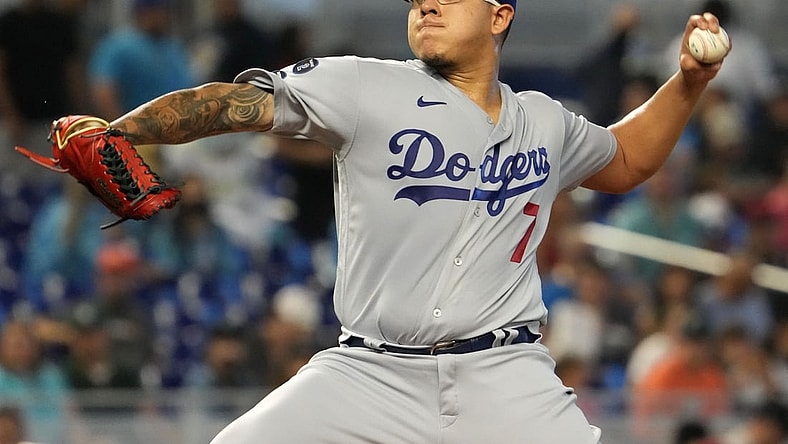 Jul 8, 2021; Miami, Florida, USA; Los Angeles Dodgers starting pitcher Julio Urias (7) delivers a pitch in the 1st inning against the Miami Marlins at loanDepot park. Mandatory Credit: Jasen Vinlove-USA TODAY Sports