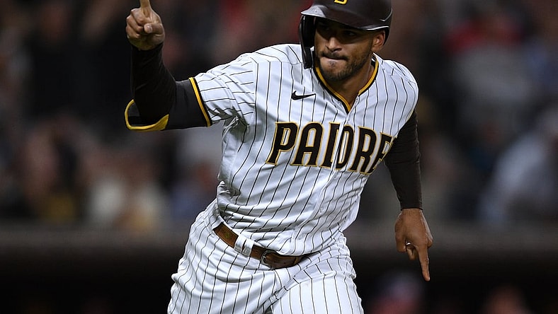 Jul 8, 2021; San Diego, California, USA; San Diego Padres center fielder Trent Grisham (2) gestures after hitting a walk-off single against the Washington Nationals during the ninth inning at Petco Park. Mandatory Credit: Orlando Ramirez-USA TODAY Sports