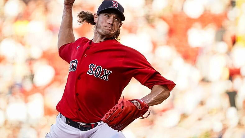 Jul 9, 2021; Boston, Massachusetts, USA; Boston Red Sox starting pitcher Garrett Richards (43) throws a pitch against the Philadelphia Phillies in the first inning at Fenway Park. Mandatory Credit: David Butler II-USA TODAY Sports