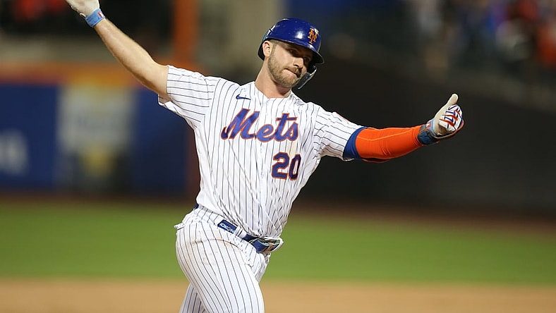 Jul 9, 2021; New York City, New York, USA; New York Mets first baseman Pete Alonso (20) reacts as he rounds the bases after hitting a three-run home run against the Pittsburgh Pirates during the sixth inning at Citi Field. Mandatory Credit: Brad Penner-USA TODAY Sports