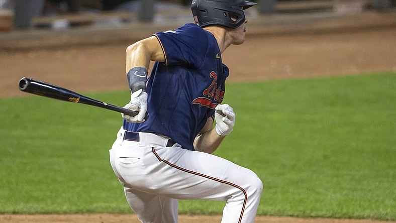 Jul 9, 2021; Minneapolis, Minnesota, USA; Minnesota Twins center fielder Max Kepler (26) hits a RBI triple in the sixth inning against the Detroit Tigers at Target Field. Mandatory Credit: Jesse Johnson-USA TODAY Sports