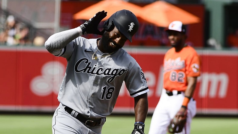Jul 10, 2021; Baltimore, Maryland, USA;  Chicago White Sox left fielder Brian Goodwin (18) runs out a second inning solo home against the Baltimore Orioles in the second inning at Oriole Park at Camden Yards. Mandatory Credit: Tommy Gilligan-USA TODAY Sports