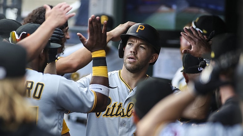 Jul 10, 2021; New York City, New York, USA;  Pittsburgh Pirates pitcher Tyler Anderson (31) is congratulated in the dugout after hitting a home run in the fifth inning against the New York Mets at Citi Field. Mandatory Credit: Wendell Cruz-USA TODAY Sports