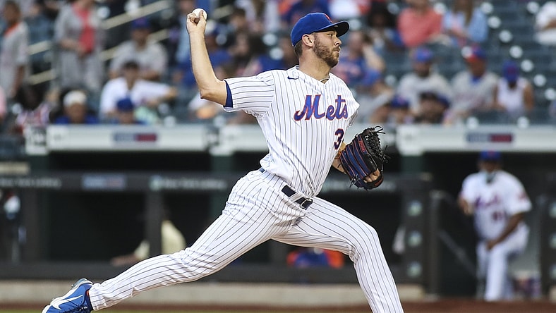 Jul 10, 2021; New York City, New York, USA;  New York Mets pitcher Tylor Megill (38) pitches against the Pittsburgh Pirates in the first inning at Citi Field. Mandatory Credit: Wendell Cruz-USA TODAY Sports