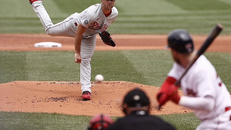 Jul 11, 2021; Boston, Massachusetts, USA; Philadelphia Phillies starting pitcher Brandon Kintzler (19) throws against the Boston Red Sox during the first inning at Fenway Park. Mandatory Credit: Winslow Townson-USA TODAY Sports