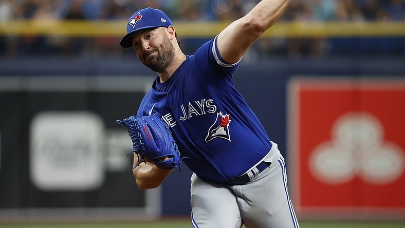 Jul 11, 2021; St. Petersburg, Florida, USA;  Toronto Blue Jays starting pitcher Robbie Ray (38) throws a pitch during the third inning against the Tampa Bay Rays at Tropicana Field. Mandatory Credit: Kim Klement-USA TODAY Sports