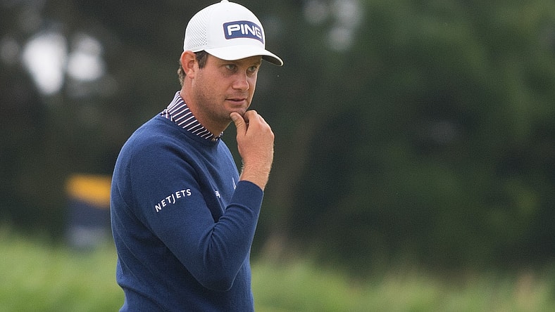 Jul 12, 2021; Sandwich, England, GBR; Harris English reacts on the practice area during a practice round for the Open Championship golf tournament at Royal St. George's Golf Course. Mandatory Credit: Sandra Mailer-USA TODAY Sports