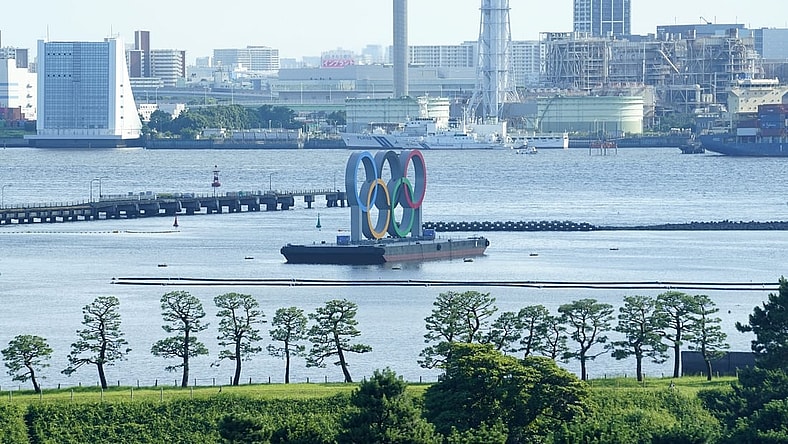 July 16, 2021; Tokyo, JAPAN;  General view of the Olympic rings seen in Tokyo Bay before the Tokyo 2020 Summer Olympic Games. Mandatory Credit: Rob Schumacher-USA TODAY Sports