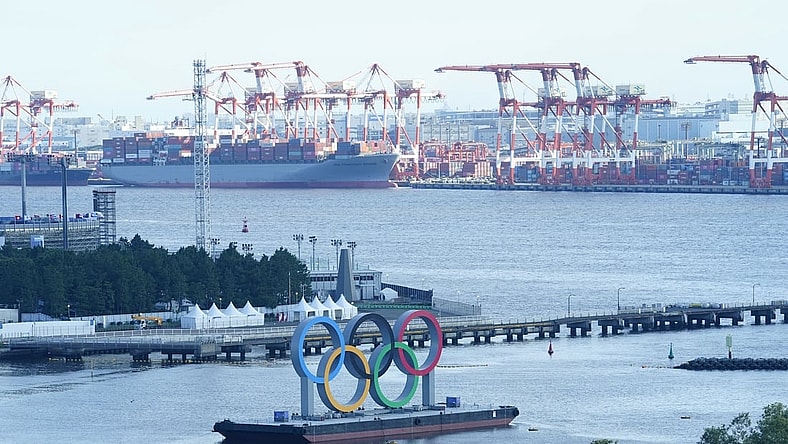 July 16, 2021; Tokyo, JAPAN;  General view of the Olympic rings seen in Tokyo Bay before the Tokyo 2020 Summer Olympic Games. Mandatory Credit: Rob Schumacher-USA TODAY Sports