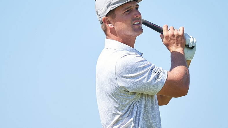 Jul 16, 2021; Sandwich, England, GB; Bryson DeChambeau plays his shot from the third tee during the second round of the Open Championship golf tournament. Mandatory Credit: Peter van den Berg-USA TODAY Sports