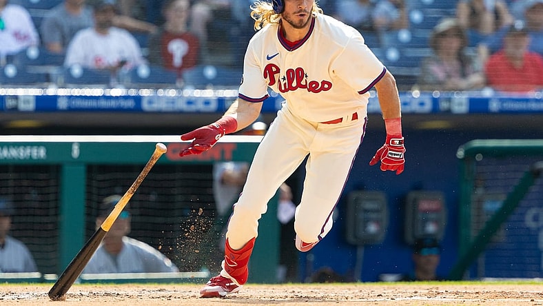 Jul 16, 2021; Philadelphia, Pennsylvania, USA; Philadelphia Phillies center fielder Travis Jankowski (9) hits a three RBI double during the first inning against the Miami Marlins at Citizens Bank Park. Mandatory Credit: Bill Streicher-USA TODAY Sports