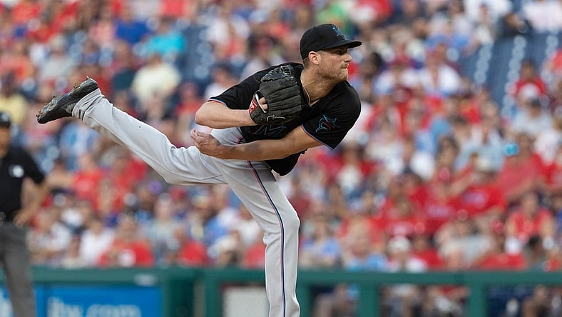 Jul 16, 2021; Philadelphia, Pennsylvania, USA; Miami Marlins relief pitcher Ross Detwiler (54) pitches against the Philadelphia Phillies during the first inning at Citizens Bank Park. Mandatory Credit: Bill Streicher-USA TODAY Sports