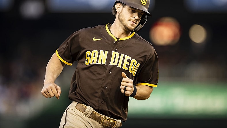 Jul 16, 2021; Washington, District of Columbia, USA; San Diego Padres right fielder Wil Myers (5) rounds the bases after hitting a grand slam against the Washington Nationals during the second inning at Nationals Park. Mandatory Credit: Scott Taetsch-USA TODAY Sports