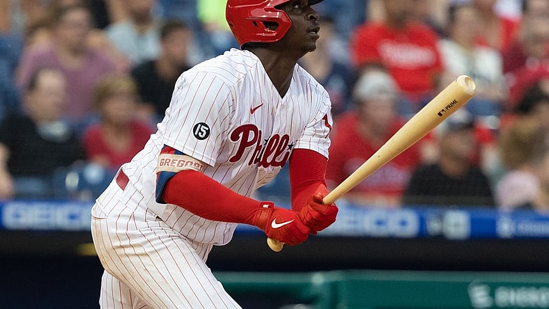 Jul 17, 2021; Philadelphia, Pennsylvania, USA; Philadelphia Phillies shortstop Didi Gregorius (18) hits a single during the fourth inning against the Miami Marlins at Citizens Bank Park. Mandatory Credit: Bill Streicher-USA TODAY Sports