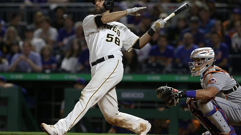 Jul 17, 2021; Pittsburgh, Pennsylvania, USA;  Pittsburgh Pirates catcher Jacob Stallings (58) hits a game winning grand slam home run to defeat the New York Mets during the ninth inning at PNC Park. Pittsburgh won 9-7. Mandatory Credit: Charles LeClaire-USA TODAY Sports