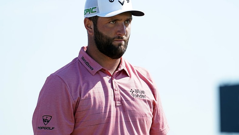 Jul 18, 2021; Sandwich, England, GBR; Jon Rahm looks down the fairway for his shot from the ninth tee during the final round of the Open Championship golf tournament. Mandatory Credit: Peter van den Berg-USA TODAY Sports
