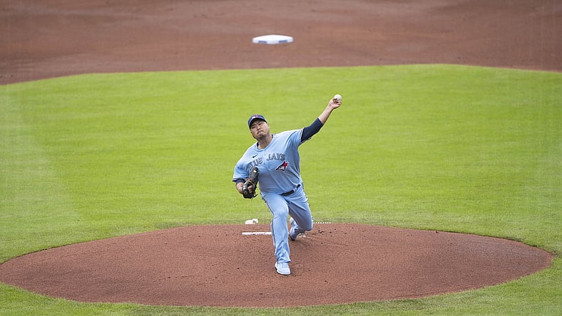 Jul 18, 2021; Buffalo, New York, CAN; Toronto Blue Jays pitcher Hyun Jin Ryu (99) delivers a pitch during the first inning against the Texas Rangers at Sahlen Field. Mandatory Credit: Gregory Fisher-USA TODAY Sports