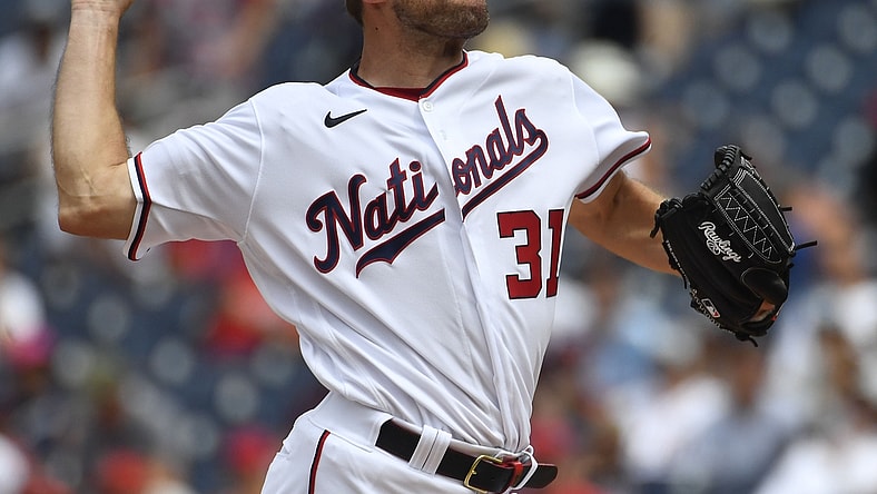 Jul 18, 2021; Washington, District of Columbia, USA; Washington Nationals starting pitcher Max Scherzer (31) throws to the San Diego Padres during the first inning at Nationals Park. Mandatory Credit: Brad Mills-USA TODAY Sports