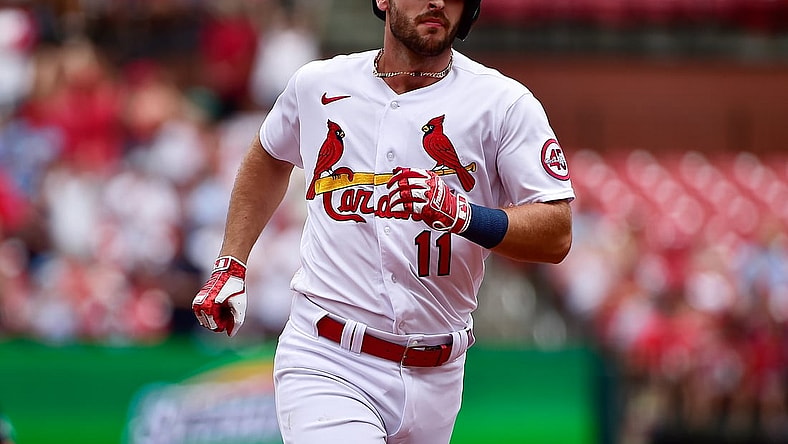 Jul 18, 2021; St. Louis, Missouri, USA;  St. Louis Cardinals shortstop Paul DeJong (11) runs the bases after hitting a solo home run off of San Francisco Giants starting pitcher Johnny Cueto (not pictured) during the third inning at Busch Stadium. Mandatory Credit: Jeff Curry-USA TODAY Sports