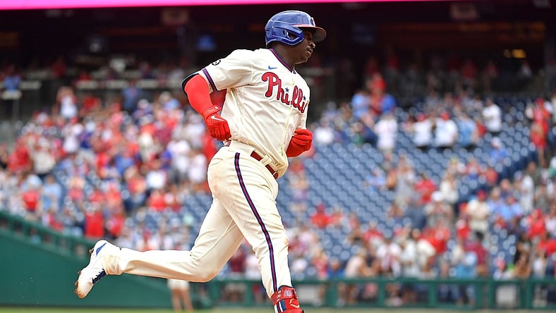 Jul 18, 2021; Philadelphia, Pennsylvania, USA; Philadelphia Phillies shortstop Didi Gregorius (18) rounds the bases after hitting a solo home run against the Miami Marlins during the fifth inning at Citizens Bank Park. Mandatory Credit: Eric Hartline-USA TODAY Sports