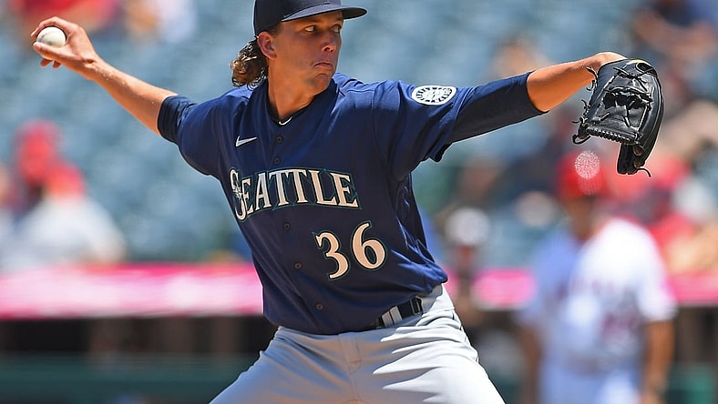 Jul 18, 2021; Anaheim, California, USA; Seattle Mariners starting pitcher Logan Gilbert (36) throws a pitch in the third inning against the Los Angeles Angels at Angel Stadium. Mandatory Credit: Jayne Kamin-Oncea-USA TODAY Sports
