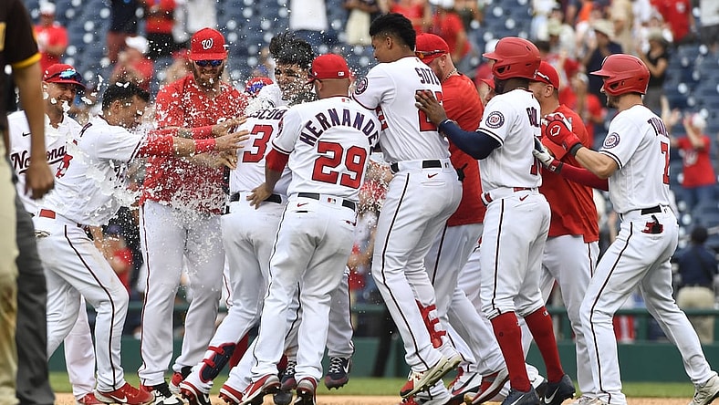 Jul 18, 2021; Washington, District of Columbia, USA; Washington Nationals shortstop Alcides Escobar (3) is mobbed by teammates after hitting a walk off RBI single against the San Diego Padres during the ninth inning at Nationals Park. Mandatory Credit: Brad Mills-USA TODAY Sports