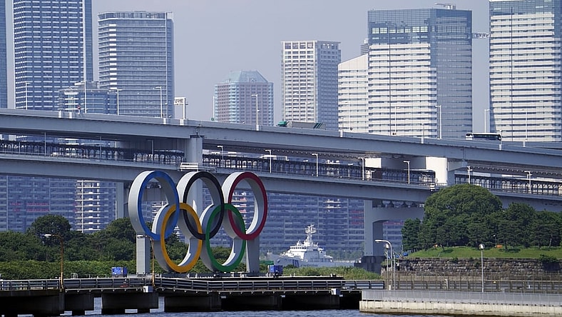 July 19, 2021; Tokyo, JAPAN;  A general view of the Olympic Rings and Olympic Village as seen from near Odaiba before the Tokyo 2020 Summer Olympic Games. Mandatory Credit: Mandi Wright-USA TODAY Sports