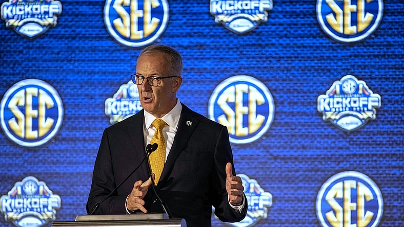 Jul 19, 2021; Hoover, Alabama, USA; SEC commissioner Greg Sankey speaks to the media during SEC Media Days at Hyatt Regency Birmingham. Mandatory Credit: Vasha Hunt-USA TODAY Sports