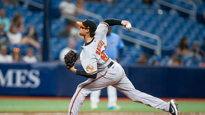 Jul 19, 2021; St. Petersburg, Florida, USA; Baltimore Orioles starting pitcher Spenser Watkins (80) delivers a pitch during the first inning of game against the Tampa Bay Rays at Tropicana Field. Mandatory Credit: Mary Holt-USA TODAY Sports