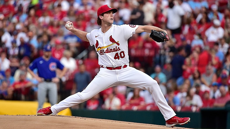 Jul 19, 2021; St. Louis, Missouri, USA;  St. Louis Cardinals starting pitcher Jake Woodford (40) pitches during the first inning against the Chicago Cubs at Busch Stadium. Mandatory Credit: Jeff Curry-USA TODAY Sports