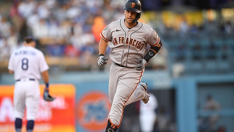 Jul 19, 2021; Los Angeles, California, USA;  San Francisco Giants catcher Buster Posey (28) rounds the bases after hitting a two run home run in the first inning against the Los Angeles Dodgers at Dodger Stadium. Mandatory Credit: Jayne Kamin-Oncea-USA TODAY Sports