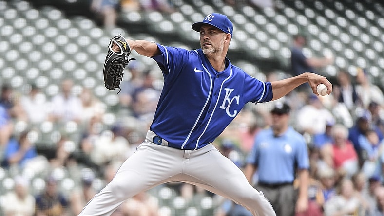 Jul 20, 2021; Milwaukee, Wisconsin, USA; Kansas City Royals pitcher Mike Minor (23) throws against the Milwaukee Brewers in the first inning at American Family Field. Mandatory Credit: Benny Sieu-USA TODAY Sports