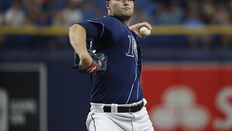 Jul 20, 2021; St. Petersburg, Florida, USA;  Tampa Bay Rays starting pitcher Shane McClanahan (62) throws a pitch during the first inning against the Baltimore Orioles at Tropicana Field. Mandatory Credit: Kim Klement-USA TODAY Sports