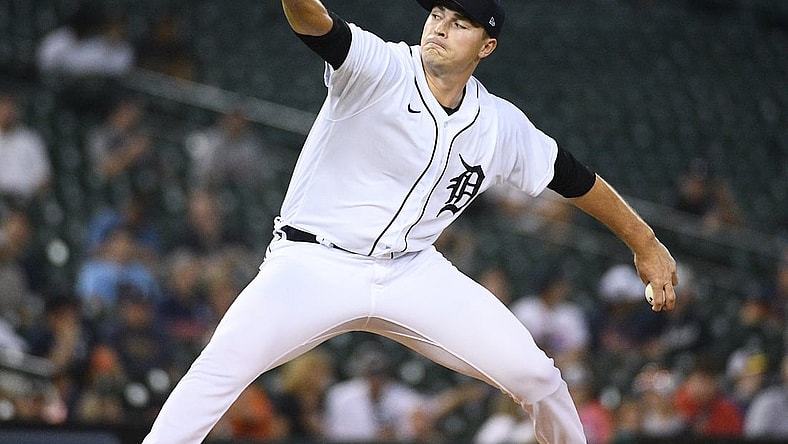 Jul 20, 2021; Detroit, Michigan, USA; Detroit Tigers starting pitcher Tarik Skubal (29) pitches the ball during the first inning against the Texas Rangers at Comerica Park. Mandatory Credit: Tim Fuller-USA TODAY Sports