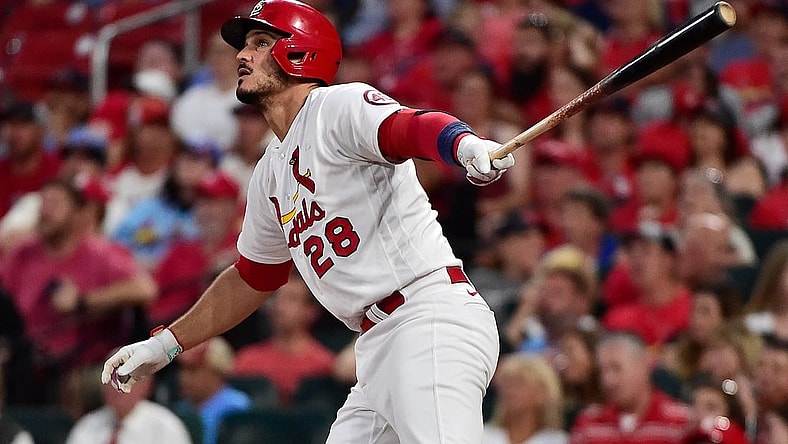 Jul 20, 2021; St. Louis, Missouri, USA;  St. Louis Cardinals third baseman Nolan Arenado (28) hits a solo home run off of Chicago Cubs starting pitcher Trevor Williams (not pictured) during the fourth inning at Busch Stadium. Mandatory Credit: Jeff Curry-USA TODAY Sports