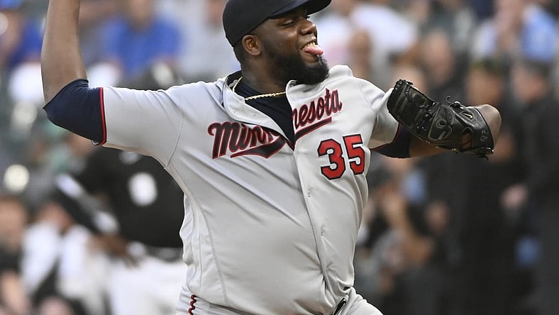 Jul 21, 2021; Chicago, Illinois, USA;  Minnesota Twins starting pitcher Michael Pineda (35) delivers against the Chicago White Sox during the first inning at Guaranteed Rate Field. Mandatory Credit: Matt Marton-USA TODAY Sports