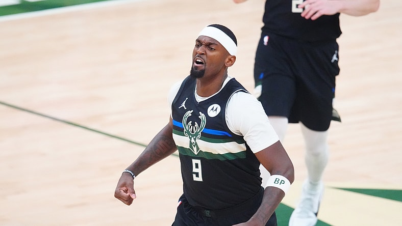 Jul 20, 2021; Milwaukee, Wisconsin, USA; Milwaukee Bucks center Bobby Portis (9) celebrates during game six of the 2021 NBA Finals against the Phoenix Suns at Fiserv Forum. Mandatory Credit: Mark J. Rebilas-USA TODAY Sports